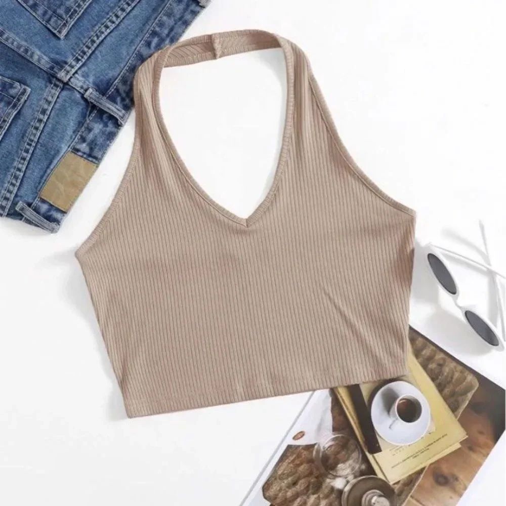 SHEIN Womens Rib-Knit Crop Halter Top in Beige Size XS